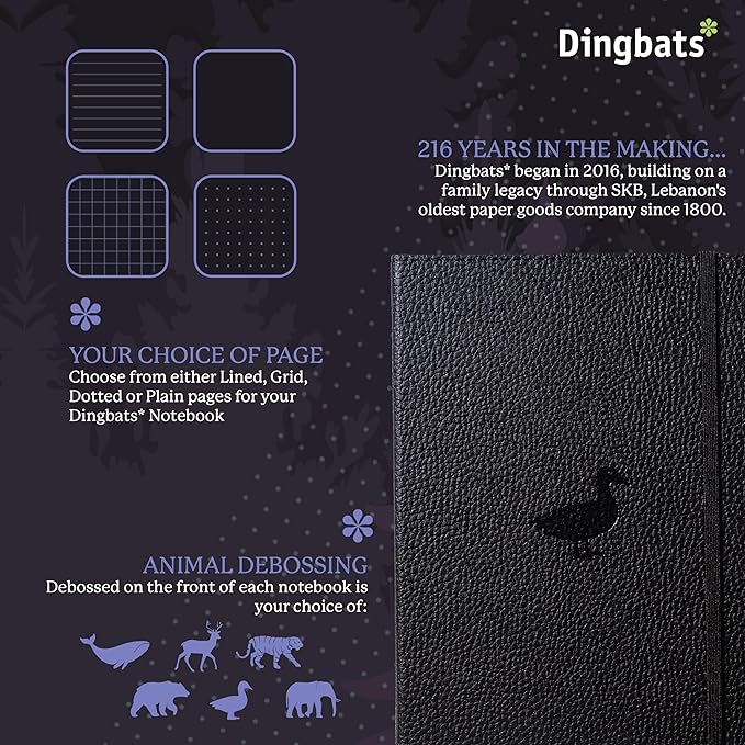 Dingbats* Wildlife Grid Journal Notebook A5 - Vegan Leather Hard Cover, Ideal for Work, Travel - Pocket, Elastic Closure, Bookmark
