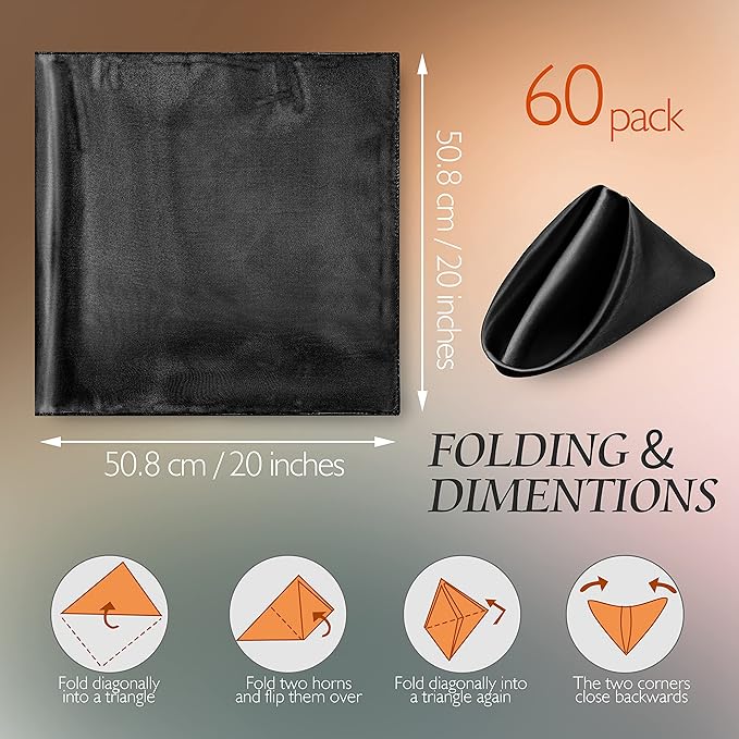Manyshofu 60 Pieces Black Satin Napkins - 20x20 Inches Cloth Napkins, Square Satin Fabric Napkins Set - Elegant & Reusable Table Napkins for Wedding Dinner Party Lunch Banquet Restaurant Decoration