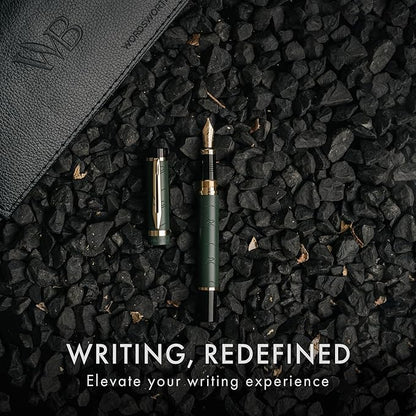Wordsworth & Black Primori Fountain Pen Set [Green Gold]; Medium Nib, Gift Case, 24 Ink Cartridges, Refill Converter, Manual; Journaling, Calligraphy, Smooth Writing Pens; Left and Right Handed