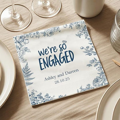 Luxury Personalized Engagement Napkins, We're Engaged, Custom Cocktail Napkins, Beverage Luncheon Cocktail Bar Napkin For Reception, Napkin Decor for Engagement Party, Bridal Shower