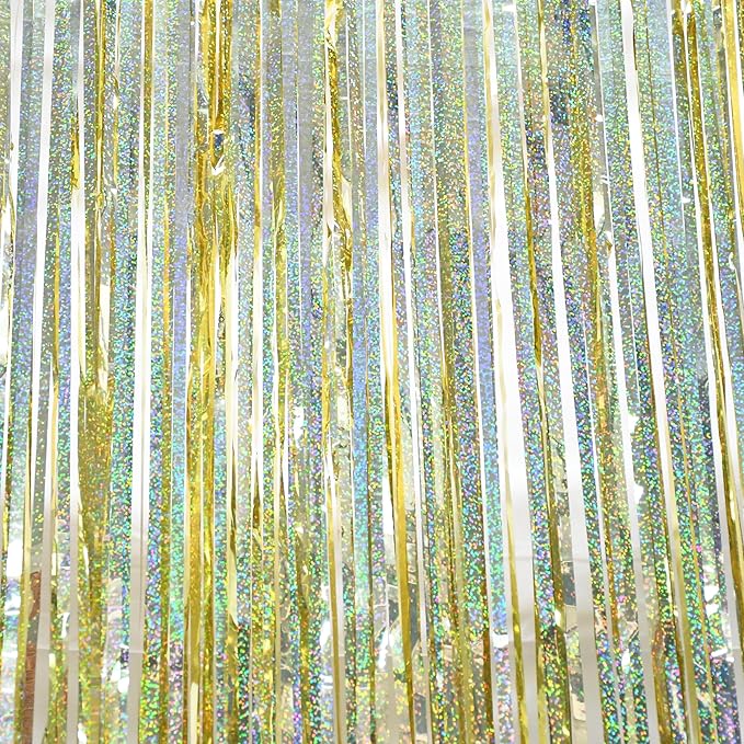 BRAVESHINE Gold Tinsel Streamers Party Backdrop - 2 Pack 3.2x8.2ft Metallic Foil Fringe Curtain for Christmas/New Years/Prom/Birthdays/Engagement/Anniversary/Hawaiian/Luau Party Decorations