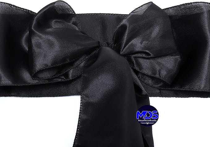 MDS Pack of 125 PCS Satin Chair Sashes Charmeuse Sateen Dining Chair Bows Ribbon Ties Back Sash for Wedding Party Birthday Home Hotel Restaurant Banquet Decoration (7 x 108 Inch, Black)