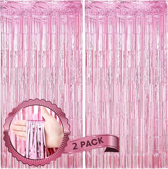 2 Pack Light Pink Foil Fringe Backdrop Curtains, Tinsel Streamers Birthday Party Decorations, Fringe Backdrop for Graduation, Baby Shower, Gender Reveal, Disco Party