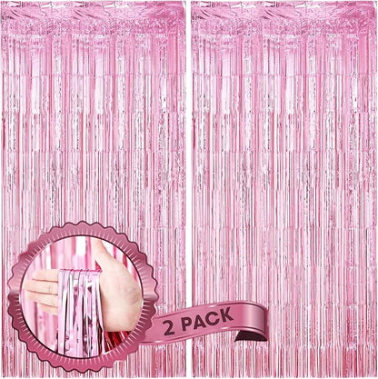 2 Pack Light Pink Foil Fringe Backdrop Curtains, Tinsel Streamers Birthday Party Decorations, Fringe Backdrop for Graduation, Baby Shower, Gender Reveal, Disco Party