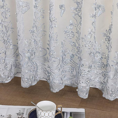 VISIONTEX White Sheer Voile Curtains, Decorative Blue Embossed Butterflies Rod Pocket Window Drapes for Home Kitchen, Living Room and Bedroom 54 x 84 Inch, Set of 2 Curtain Panels