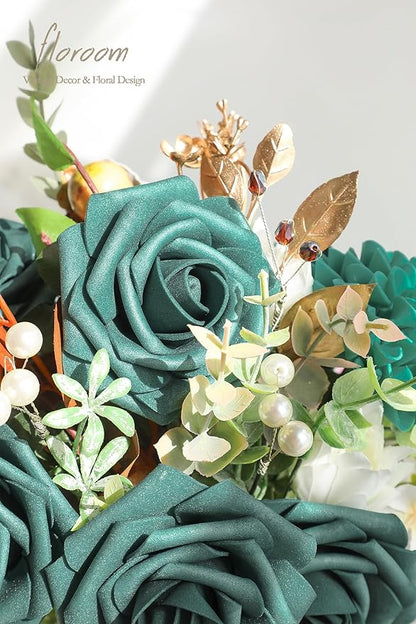 Floroom Artificial Flowers 25pcs Real Looking Dark Teal Foam Fake Roses with Stems for DIY Wedding Bouquets Bridal Shower Centerpieces Floral Arrangements Party Tables Home Decorations