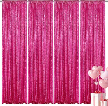 Fuchsia Sequin Backdrop Curtain 4 Pieces 2FTx8FT Glitter Photography Backdrop for Party Wedding Birthday Christmas Decorations