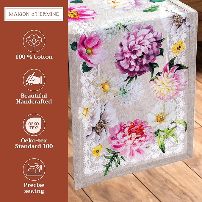 Maison d' Hermine Table Runner 100% Cotton Single Layer Table Runners 72 inches Long Decorative for Home Kitchen Dining Party Baby Shower Wedding Bridal Shower Spring Summer (Pivoine, 14.50" x 72")