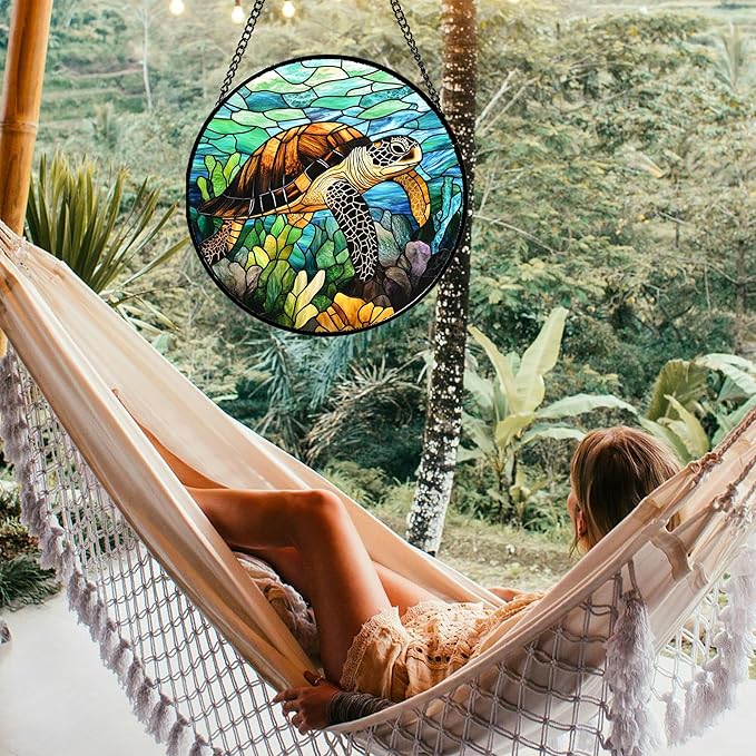 Stained Glass Window Hanging - Cute Sea Turtle Suncatcher for Door Garden Yard Blue Ocean Sun Catchers Decor Christmas Mother's Day Birthday Children's Gifts for Women Mom Nana Friend 11.8 in