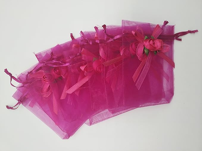 Ankirol 50pcs Sheer Organza Favor Bags For Wedding 3.8x4.8'' Gift Bags Samples Display Drawstring Rose Pouches (hot pink)