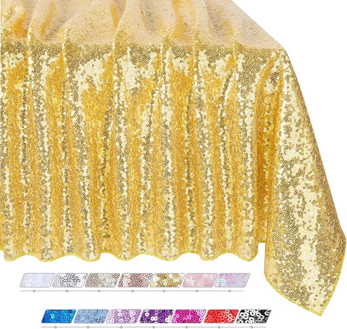 QueenDream Sequin Tablecloth - Gold Tablecloth 50x80 Inch Glitter Table Cloth Sequin Party Fabric for Birthday Birdal Baby Shower Wedding