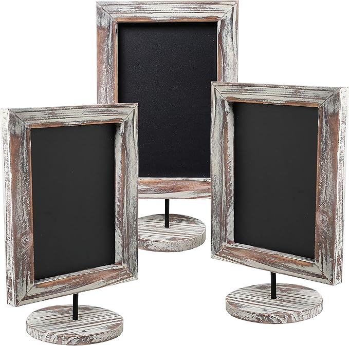 MyGift Set of 3 Tabletop Chalkboard Sign with Torched Wood Frame and Round Base, Decorative Wedding Table Place Card Signage, Rustic Small Kitchen Countertop Memo Board