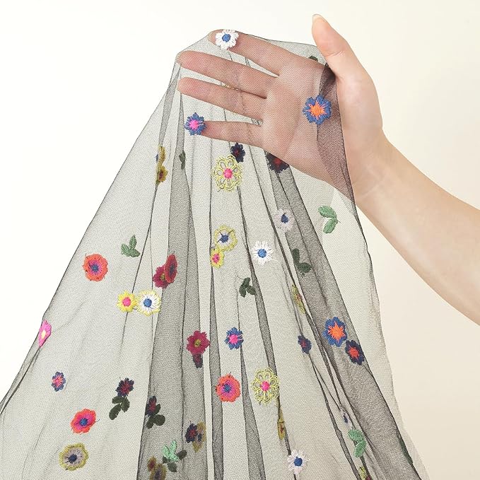 Black Embroidery Daisy Fall Table Runner 120Inch 10FT Florals Soft Sheer Tulle Fabric Table Runner for Home Decor, Brithday, Wedding, Baby Shower ,Holiday ,Parties, DIY Craft,3PC