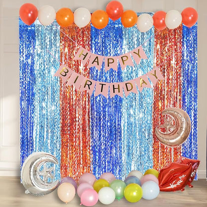 3 Pack Wavy Blue Dog Tinsel Backdrop Party Decorations - 3.3x6.6ft Orange and Dark Light Blue Metallic Foil Fringe Streamers for Birthday Party Supplies Photo Booth Prop Backdrop