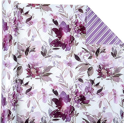 WRAPAHOLIC 30 Inch Jumbo Reversible Floral Wrapping Paper - 30 Inch X 33 Feet - Purple Floral Design for Wedding, Birthday, Mothers Day, Baby Shower, Anniversary, Bridal Shower