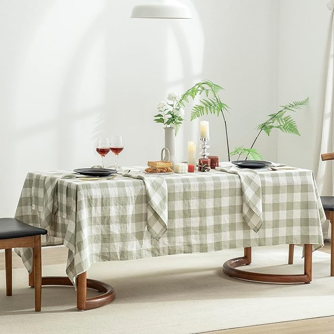 EVERLY 100% Yarn-Dyed Linen Rectangle Tablecloths 60x144Inches for Dining,Buffet Parties,Picnic,Events and Restaurants,Decorative Halloween,Thanksgiving Machine Washable Tablecloths-Sage Green Plaid