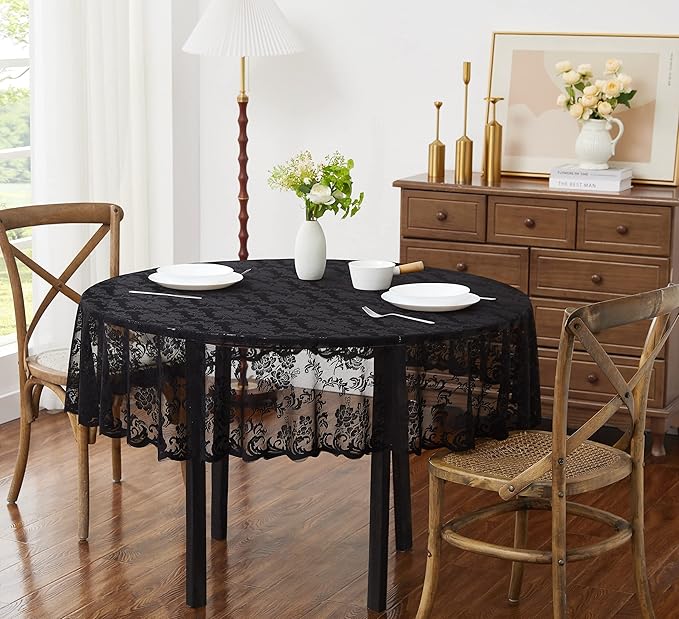 LinenZone Extra Large Black Round Tablecloth for Rustic Vintage Decor. Sheer Lace Table Cloth Works Great As Wedding Tablecloth or Thanksgiving Table Cover. (Mia 132 Round, Black)