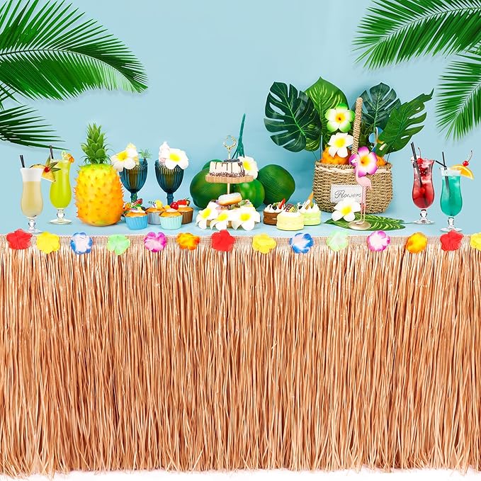 Hawaiian Themed Party Decorations, 2PCS Luau Party Table Skirt Decorations, 108 X 29.5" Table Skirt Flower Tropical Hula Dance Parties Supplies, Grass Table Skirt for Summer Beach Themed Party
