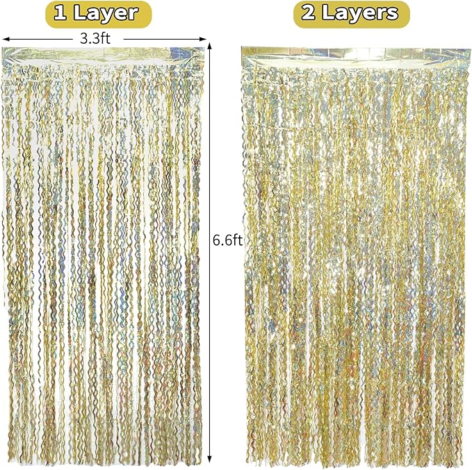 4 Pack Wavy Sparkle Champagne Gold Metallic Tinsel Foil Fringe Curtains Photo Booth Backdrop | Gold Streamer Backdrop for Holiday Celebration Bachelorette Party Decorations