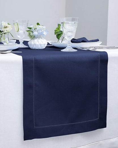 Solino Home Linen Navy Blue Table Runner 72 Inches Long - 100% Pure Linen Hemstitch Table Runner 14 x 72 Inch for Dresser, Dining, Fall, Autumn, Halloween, Thanksgiving, Christmas - Classic Hemstitch
