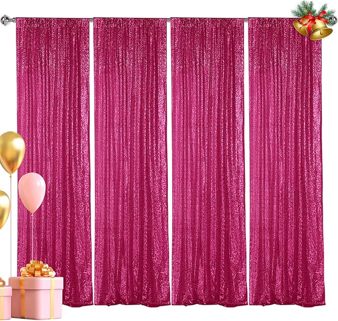 Hahuho Fuchsia Sequin Backdrop Curtain, 4PCS 2FTx8FT Glitter Backdrop Curtain for Parties, Christmas, Wedding, Party Decoration（4 Panels, 2FT x 8FT, Fuchsia