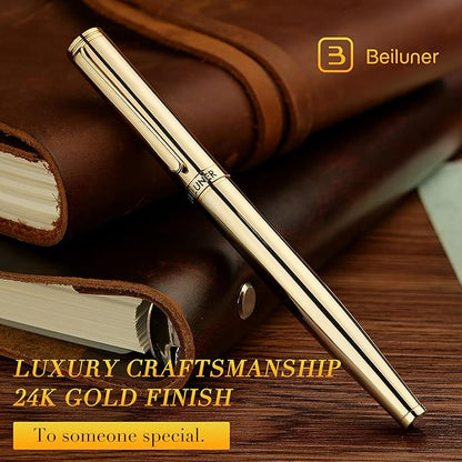 BEILUNER Gold Fountain Pen,Stunning Luxury Pens with 24K Gold Finish, Gorgeous 24K Gilded Nib(Fine), Trustworthy Pen Gift for Men&Women -Ink Converter-Elegant, Professional, Nice Pen for Writing