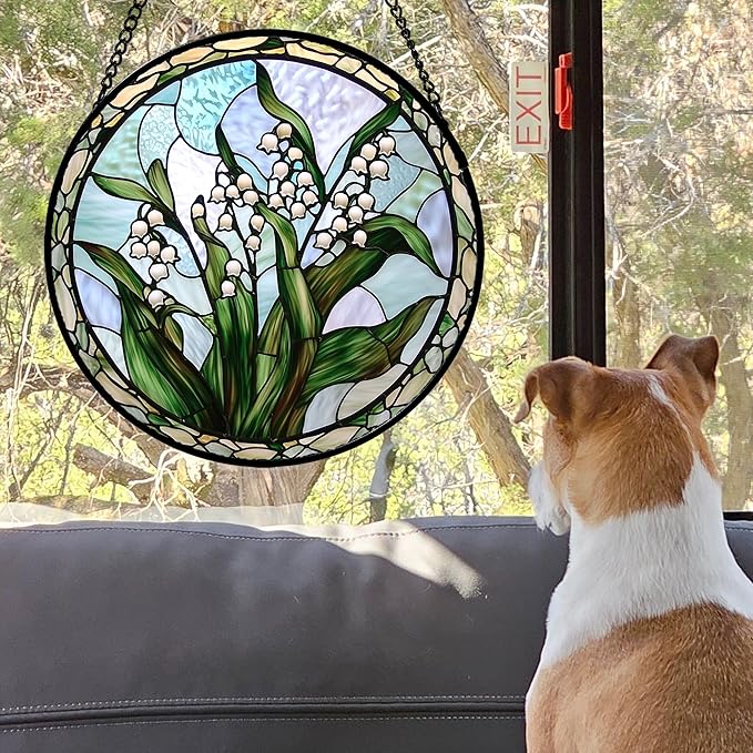Stained Glass Window Hanging, White Green Lily of The Walley Flowers Sun Catcher for Door Home Decor Plants Suncatcher Christmas Mother's Day Birthday Gifts for Women Men Mom Nana 9.8 in