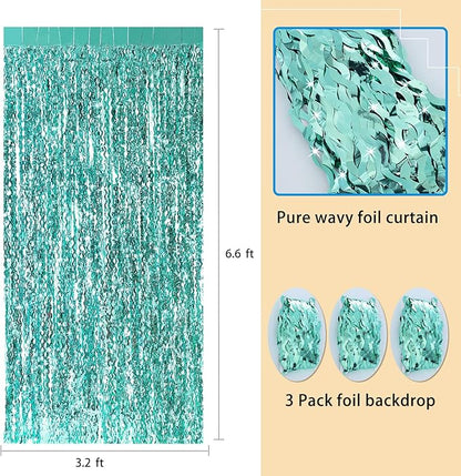 3 Pack Teal Aqua Blue Wave Foil Curtains - 3.3 ft x 6.6 ft Tinsel Metallic Streamers for Photo Booth Birthday Wedding Girl Princess Bachelorette Euphoria Theme Party Decorations