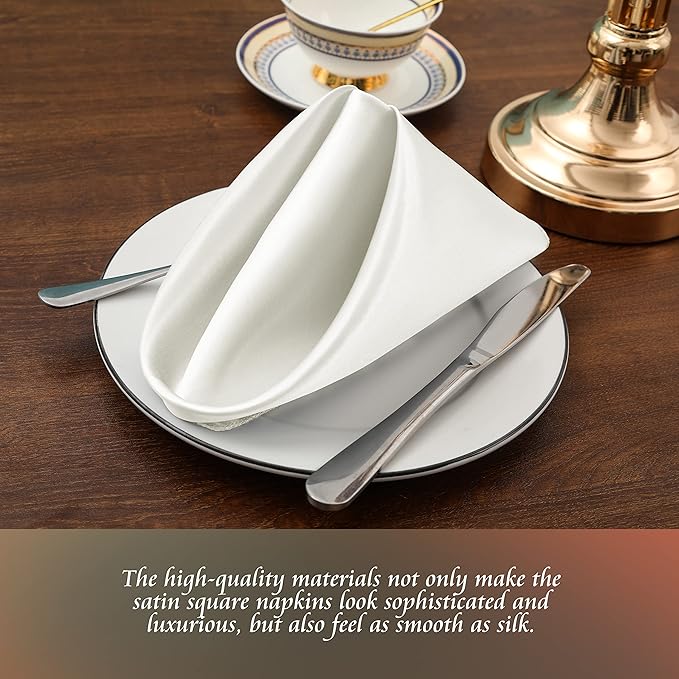 Manyshofu 50 Pieces Ivory White Satin Napkins - 12x12 Inches Cloth Napkins, Square Satin Fabric Napkin Set - Elegant & Reusable Table Napkins for Wedding Dinner Party Lunch Banquet Decoration