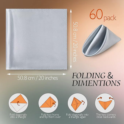 Manyshofu 60 Pieces Silver Satin Napkins - 20x20 Inches Cloth Napkins, Square Satin Fabric Napkins Set - Elegant & Reusable Table Napkins for Wedding Dinner Party Lunch Banquet Restaurant Decoration
