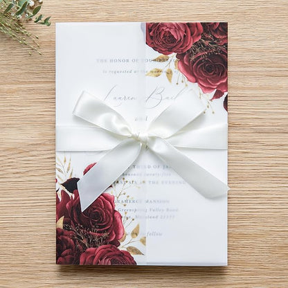 PONATIA 50 Pieces Vellum Jackets for 5x7 Invitation Cards - Red Flowers Printed Vellum Sleeves, Quinceanera Wedding Invitation Cards Wraps, Transparent Christmas Gift Cards Jackets