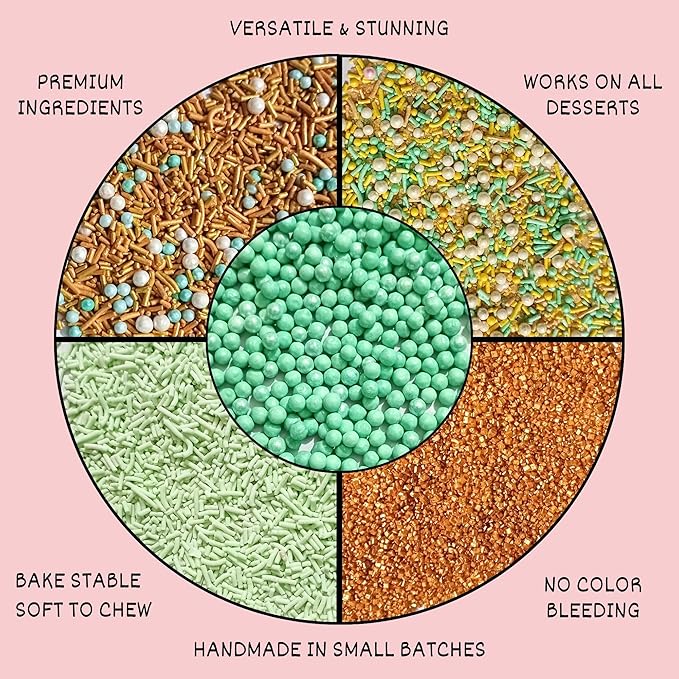 Confect Edible Sprinkles Mix Pack of 5 – Cool Summer Breeze Theme – Yellow Pearl Dragees, Mint Green & Gold Jimmies, Sparkling Gold Sugar – Cake & Cupcake Decorating Toppings - Vegan, Gluten-Free, Nut-Free, Soy-Free, Dairy-Free, Palm Oil-Free- 5 Oz