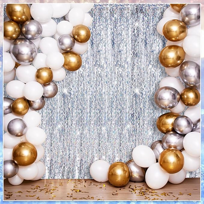 Jutom 6 Pieces 3.3 x 6.6 ft Wavy Tinsel Foil Fringe Curtains Foil Fringe Streamer Backdrop Party Curtain for Sea Mermaid Baby Shower Birthday Party Decoration(Silver)