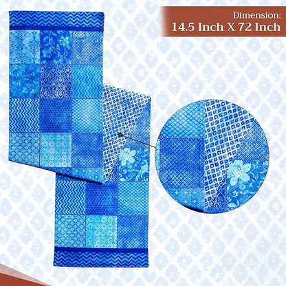 Maison d' Hermine Table Runner 100% Cotton Double Layer Table Runners 72 inches Long Decorative for Kitchen Dining Party Baby Shower Wedding Bridal Shower Spring Summer (Indigo Love, 14.50" x 72")