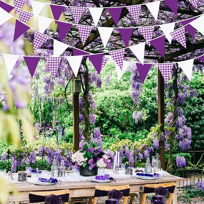 32Ft Purple Party Decorations Purple Buffalo Plaid Checkered White Triangle Flag Gingham Pennant Banner Fabric Garland for Wedding Birthday Picnic BBQ Outdoor Lavender Mermaid Party Decor Supplies
