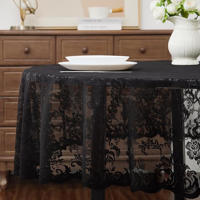 LinenZone Black Round Tablecloth for Rustic Vintage Decor. Sheer Lace Table Cloth Works Great As Wedding Tablecloth or Thanksgiving Table Cover. (Mia 60 Round, Black)