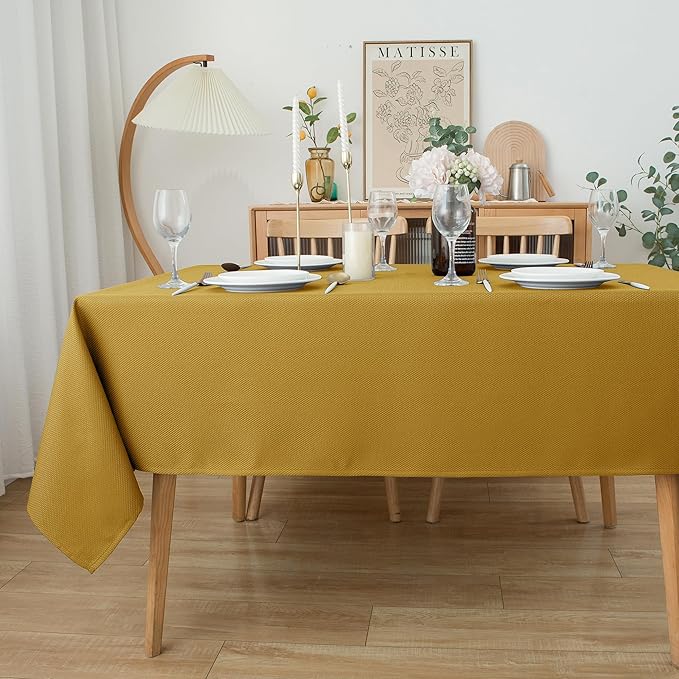 Biscaynebay Textured Fabric Christmas Rectangle Tablecloths 60x108 Inch, Gold Water Resistant Tablecloths for Dining, Kitchen, Wedding, Parties etc. Machine Washable
