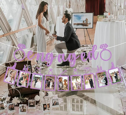 Pre-Strung Engaged Photo Banner - Purple Glitter Engagement Party Decoration Supplies with Romantic Memories Picture Card Frames for Bachelorette, Bridal Shower, Wedding Party Photo Booth Props