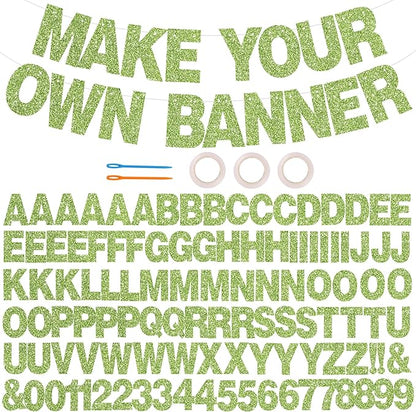 BEISHIDA 116 PCS Glitter Grass green DIY Letter Banner Kit Make Your Own Banner，Including 111 Letters and Numbers 3 Rope and 9 Threading Device,Customized for Birthday Graduation Wedding Party Decor