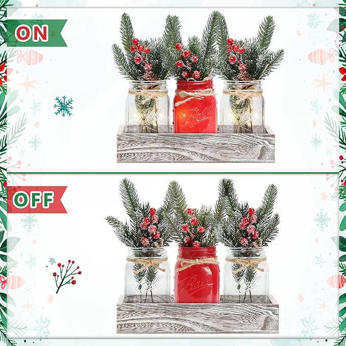 Christmas Mason Jars, Christmas Centerpiece Table Settings, Wood Tray with 3 Painted Jars, Dining Coffee Table Centerpiece, For Kitchen, Living Room, Red Mason Jar Decor with Flowers