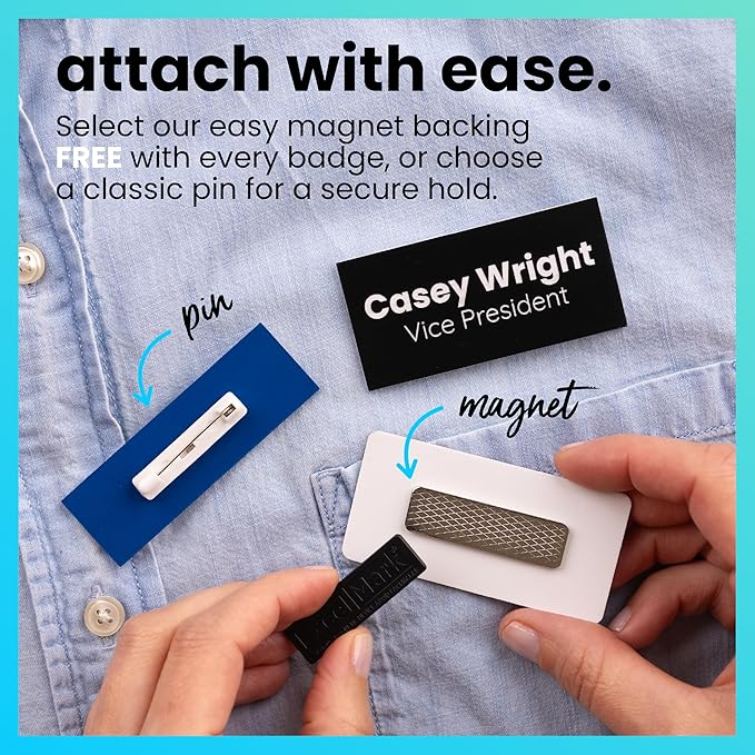 ExcelMark Custom Name Tag - Engraved Name Badge with Pin or Magnetic Backing, 16 Colors, 6 Fonts, and 2 Sizes to Choose from (Blue w/White Letters, 1.5"x 3")