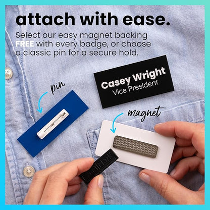 ExcelMark Custom Name Tag - Engraved Name Badge with Pin or Magnetic Backing, 16 Colors, 6 Fonts, and 2 Sizes to Choose from (Gold w/Black Letters, 1"x 3")
