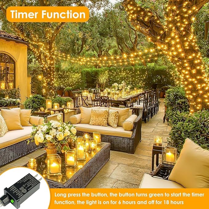 2Pack Each 66Ft 200 LED Fairy Lights Plug in, Waterproof String Lights Outdoor & Indoor, LED String Lights 8 Modes with Timer, Twinkle Light for Girl's Room Garden Christmas Decorations (Warm White)