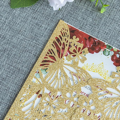 20 PCS 5.12x7.2 Butterfly Quinceanera Invitation, Laser Cut Wedding Invitation Cards with Envelopes for XV Anos Bridal Shower Baby Shower Invite (Gold Glitter)