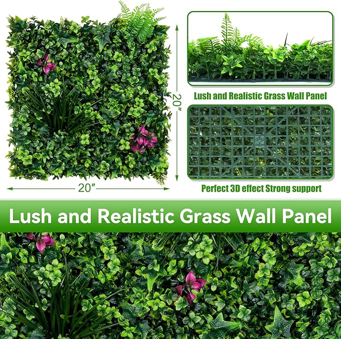 Artificial Grass Wall Panels, 20"x20" 16pcs Grass Backdrop Wall with Mint Plant Leaves, UV-Anti Fake Greenery Plant Boxwood Panels for Privacy Fence Screen, Outdoor Green Wall Decor for Patio Garden