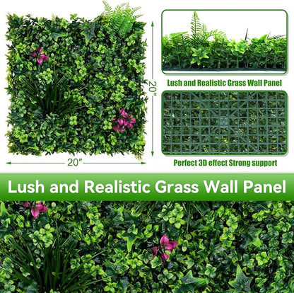 Artificial Grass Wall Panels, 20"x20" 16pcs Grass Backdrop Wall with Mint Plant Leaves, UV-Anti Fake Greenery Plant Boxwood Panels for Privacy Fence Screen, Outdoor Green Wall Decor for Patio Garden