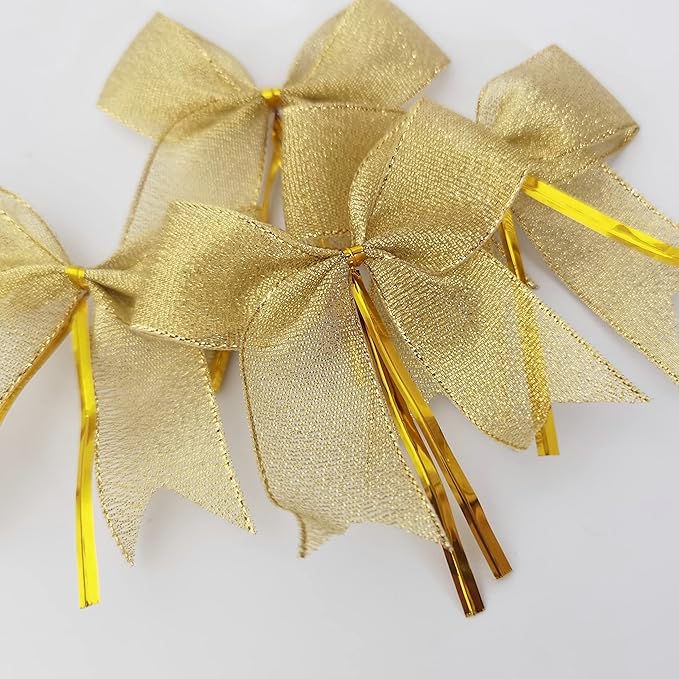 50pcs 3-1/2" Metallic Gold Bows Twist Tie Bows for Gift Wrapping with Fish Tails (Gold)