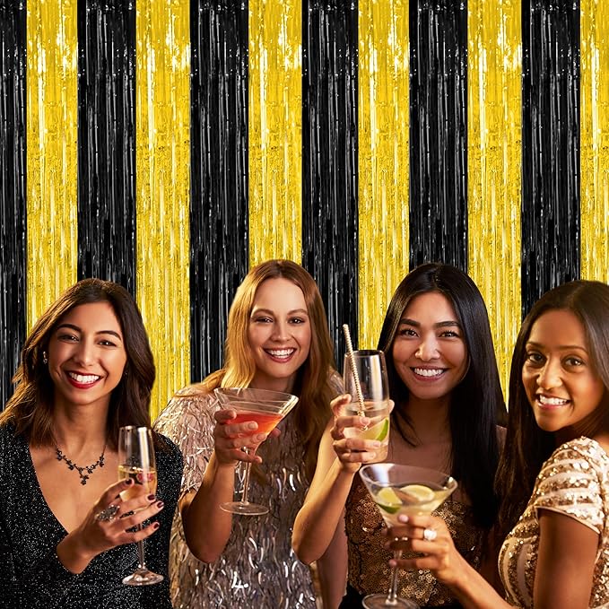 2 Pack Graduation Backdrop, 3.28 FT x 7.05 FT Black and Gold Foil Fringe Curtains, Metallic Foil Curtain Graduation Backdrop, Grad Party Supplies Black and Gold Party Decorations Class of 2025