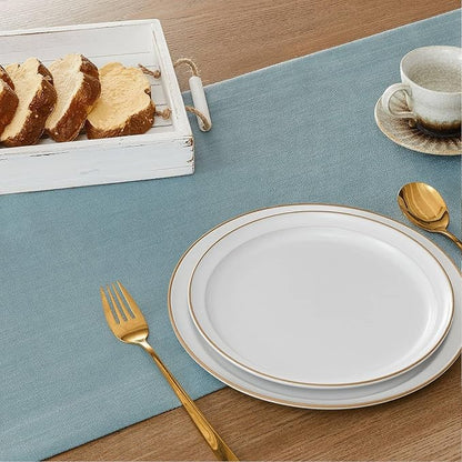 ZeeMart Linen Textured Border Table Runner, 14 x 108 Inch Blue, Farmhouse Style Dusty Blue Table Runners 108 Inches Long, Easy Care Everyday Polyester Table Runner