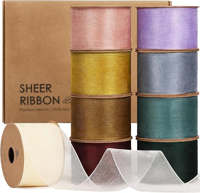 Vitalizart 1.5" x 45 Yards Organza Ribbon Set 9 Rolls x 5 Yd Sheer Ribbon for Gift Wrapping Crafts Christmas Tree Bows Wedding Invitations Wreaths Party Decor Bouquet DIY Projects (Mixed Colors)